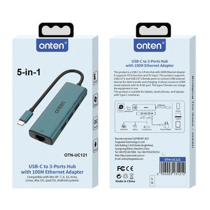 Onten UC121 5 in 1 USB-C / Type-C to USB 3.0 HUB with 5V Input & 100Mbps Network Card - USB HUB by Onten | Online Shopping UK | buy2fix