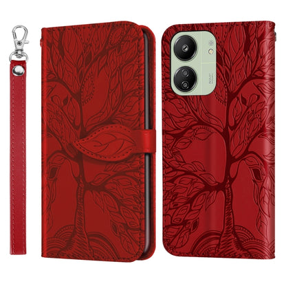 For Xiaomi Redmi 13C 4G / 5G Life Tree Embossing Pattern Leather Phone Case(Red) - 13C Cases by buy2fix | Online Shopping UK | buy2fix