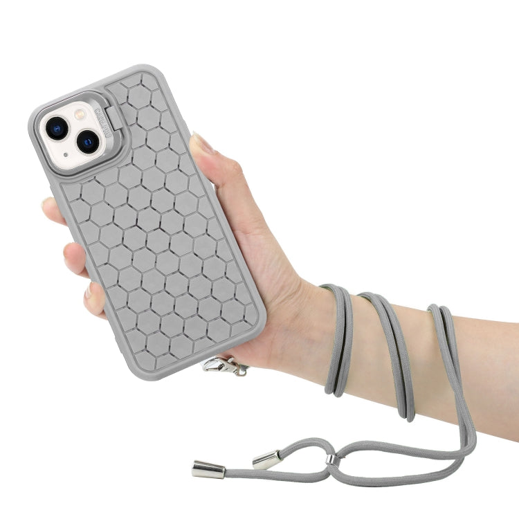 For iPhone 15 Plus Honeycomb Radiating Lens Holder Magsafe Phone Case with Lanyard(Grey) - iPhone 15 Plus Cases by buy2fix | Online Shopping UK | buy2fix