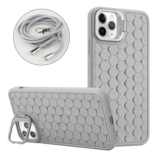 For iPhone 12 Pro Honeycomb Radiating Lens Holder Magsafe Phone Case with Lanyard(Grey) - iPhone 12 / 12 Pro Cases by buy2fix | Online Shopping UK | buy2fix