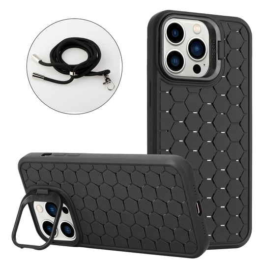 For iPhone 12 Pro Max Honeycomb Radiating Lens Holder Magsafe Phone Case with Lanyard(Black) - iPhone 12 Pro Max Cases by buy2fix | Online Shopping UK | buy2fix