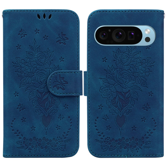 For Google Pixel 9 Pro Butterfly Rose Embossed Leather Phone Case(Blue) - Google Cases by buy2fix | Online Shopping UK | buy2fix