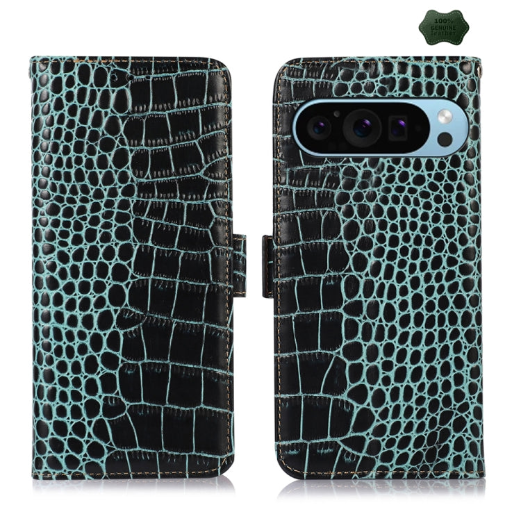 For Google Pixel 9 Crocodile Top Layer Cowhide Leather Phone Case(Green) - Google Cases by buy2fix | Online Shopping UK | buy2fix