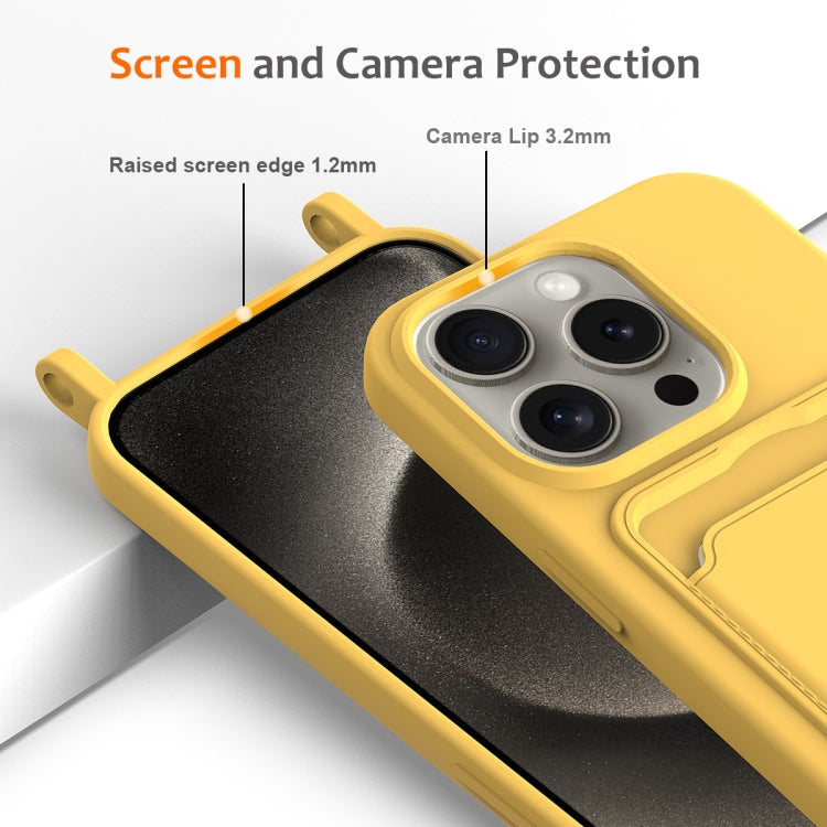 For iPhone 16 Pro Max Integrated Card Bag Solid Color Liquid Silicone Phone Case with Lanyard(Yellow) - iPhone 16 Pro Max Cases by buy2fix | Online Shopping UK | buy2fix