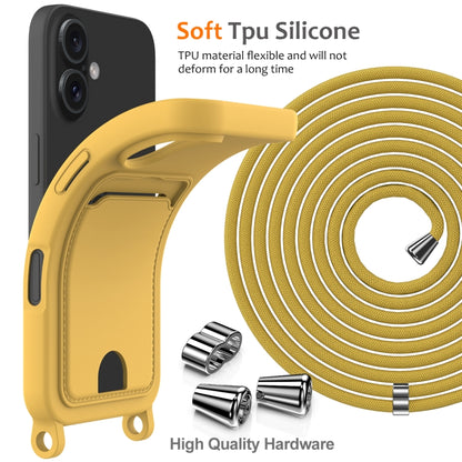 For iPhone 16 Integrated Card Bag Solid Color Liquid Silicone Phone Case with Lanyard(Yellow) - iPhone 16 Cases by buy2fix | Online Shopping UK | buy2fix