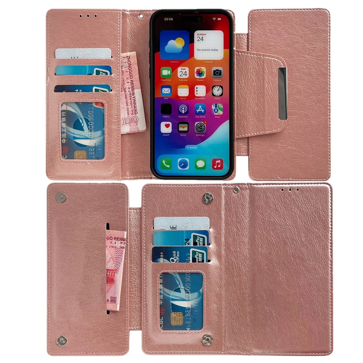 For iPhone 16 Plus Multifunctional Seven Cards Wallet Leather Phone Case(Rose Gold) - iPhone 16 Plus Cases by buy2fix | Online Shopping UK | buy2fix