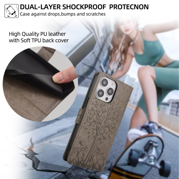 For OnePlus 11 Tree & Deer Embossed Leather Phone Case(Grey) - OnePlus Cases by buy2fix | Online Shopping UK | buy2fix