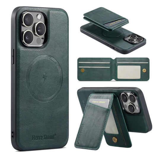 For iPhone 16 Pro Max Fierre Shann Cowhide Vertical Flip Magnetic Card Holder Phone Case(Green) - iPhone 16 Pro Max Cases by FIERRE SHANN | Online Shopping UK | buy2fix