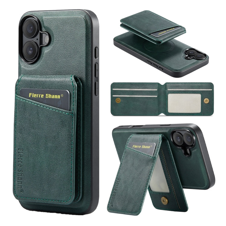 For iPhone 16 Fierre Shann Oil Wax Cow Leather Magnetic Card Holder Phone Case(Green) - iPhone 16 Cases by FIERRE SHANN | Online Shopping UK | buy2fix