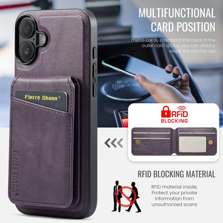 For iPhone 16 Fierre Shann Cowhide Vertical Flip Magnetic Card Holder Phone Case(Purple) - iPhone 16 Cases by FIERRE SHANN | Online Shopping UK | buy2fix