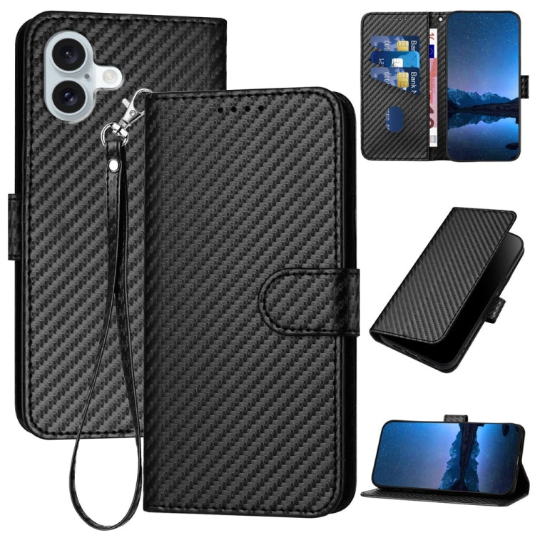 For iPhone 16 Plus YX0070 Carbon Fiber Buckle Leather Phone Case with Lanyard(Black) - iPhone 16 Plus Cases by buy2fix | Online Shopping UK | buy2fix