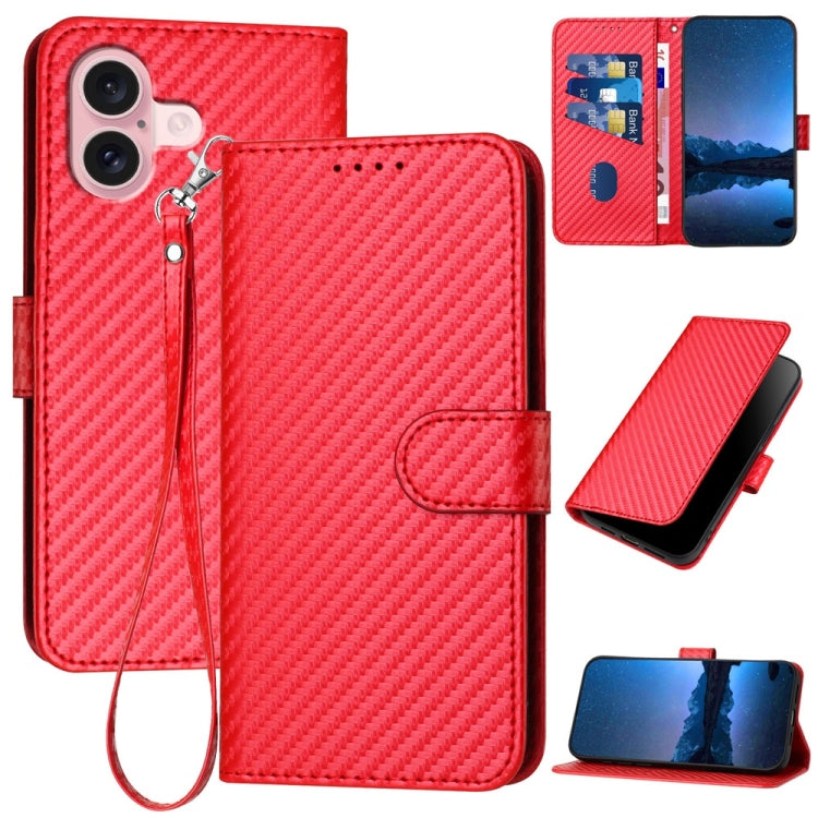 For iPhone 16 YX0070 Carbon Fiber Buckle Leather Phone Case with Lanyard(Red) - iPhone 16 Cases by buy2fix | Online Shopping UK | buy2fix