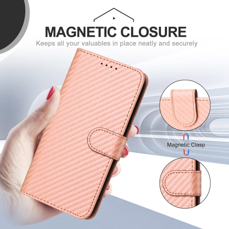 For iPhone 16 YX0070 Carbon Fiber Buckle Leather Phone Case with Lanyard(Pink) - iPhone 16 Cases by buy2fix | Online Shopping UK | buy2fix