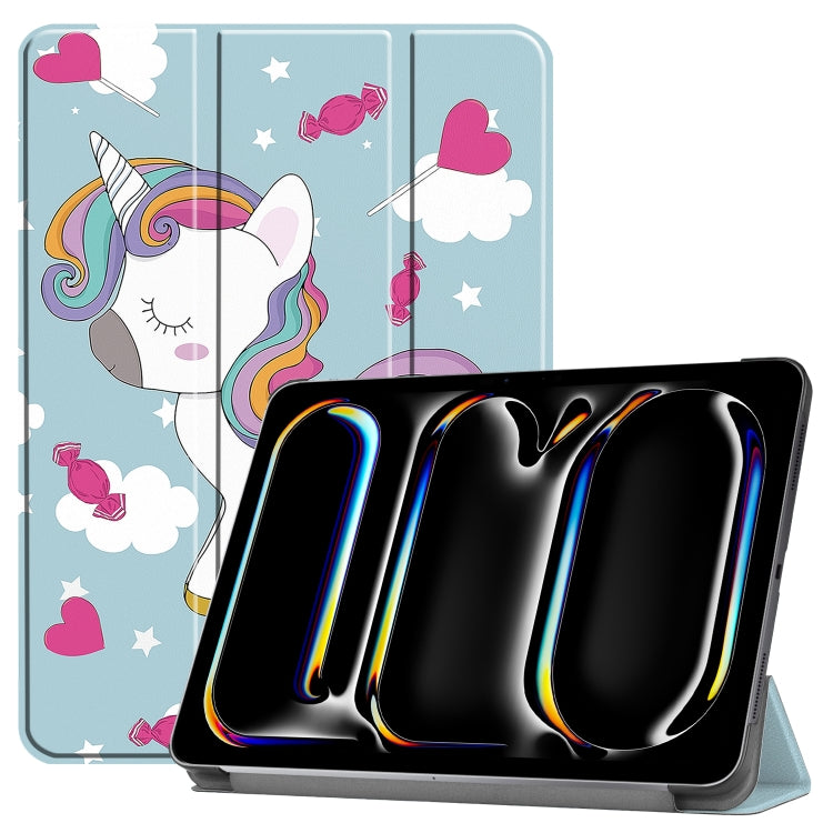 For iPad Pro 11 2024 Custer Painted 3-Fold Holder Smart Leather Tablet Case with Pen Tray(Unicorn) - iPad Pro 11 2024 Cases by buy2fix | Online Shopping UK | buy2fix