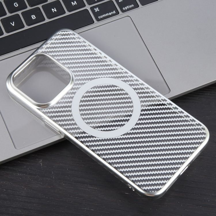 For iPhone 14 6D Plated Carbon Fiber Clear Magsafe PC Phone Case(Starlight Silver) - iPhone 14 Cases by buy2fix | Online Shopping UK | buy2fix