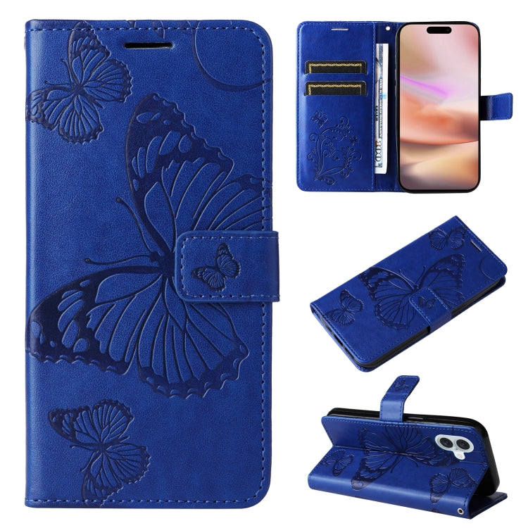 For iPhone 16 Plus 3D Butterfly Embossed Pattern Flip Leather Phone Case(Blue) - iPhone 16 Plus Cases by buy2fix | Online Shopping UK | buy2fix