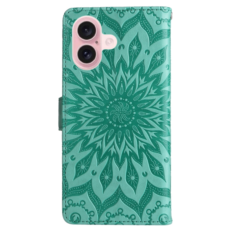 For iPhone 16 Embossed Sunflower Pattern Flip Leather Phone Case(Green) - iPhone 16 Cases by buy2fix | Online Shopping UK | buy2fix