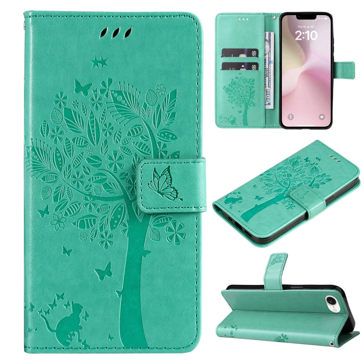 For iPhone SE 2024 Tree & Cat Embossed Pattern Flip Leather Phone Case(Green) - More iPhone Cases by buy2fix | Online Shopping UK | buy2fix