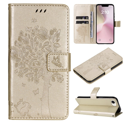 For iPhone SE 2024 Tree & Cat Embossed Pattern Flip Leather Phone Case(Gold) - More iPhone Cases by buy2fix | Online Shopping UK | buy2fix