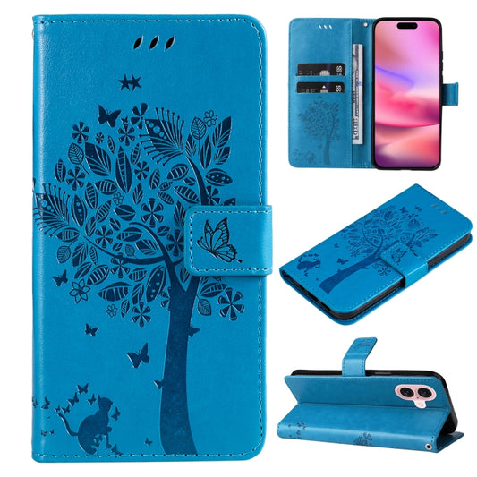 For iPhone 16 Tree & Cat Embossed Pattern Flip Leather Phone Case(Blue) - iPhone 16 Cases by buy2fix | Online Shopping UK | buy2fix