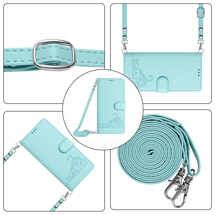 For OPPO A60 4G Global Cat Rat Embossed Pattern RFID Leather Phone Case with Lanyard(Mint Green) - OPPO Cases by buy2fix | Online Shopping UK | buy2fix