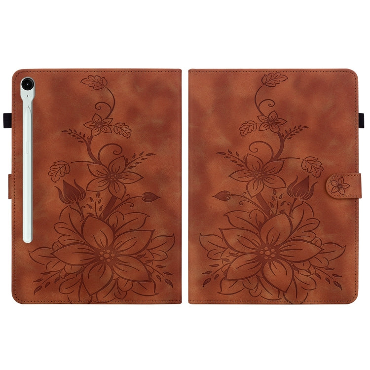 For Samsung Galaxy Tab S9 / S9 FE Lily Embossed Leather Tablet Case(Brown) - Galaxy Tab S9 Cases by buy2fix | Online Shopping UK | buy2fix