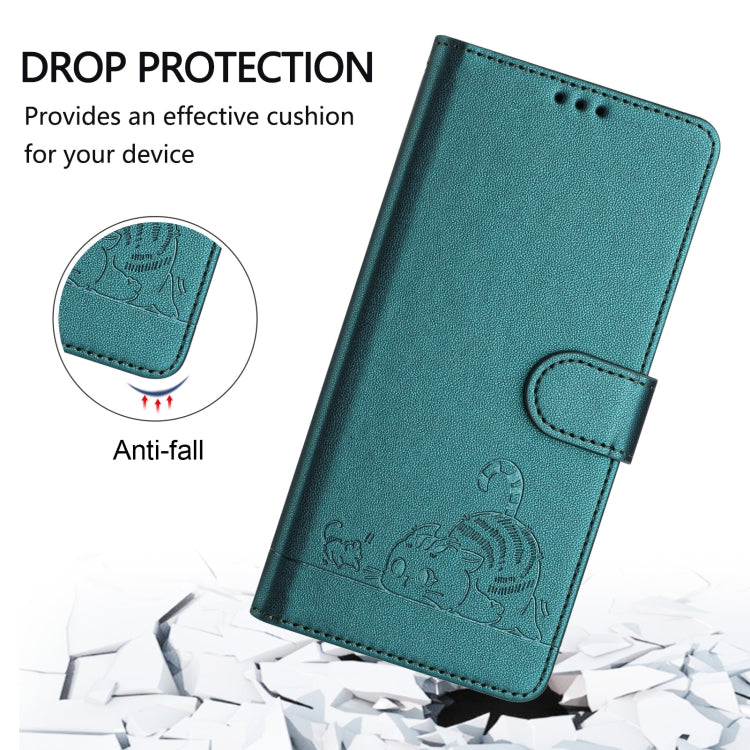 For Motorola Moto G 5G 2024 Global Cat Rat Embossed Pattern RFID Leather Phone Case with Lanyard(Peacock Green) - Motorola Cases by buy2fix | Online Shopping UK | buy2fix