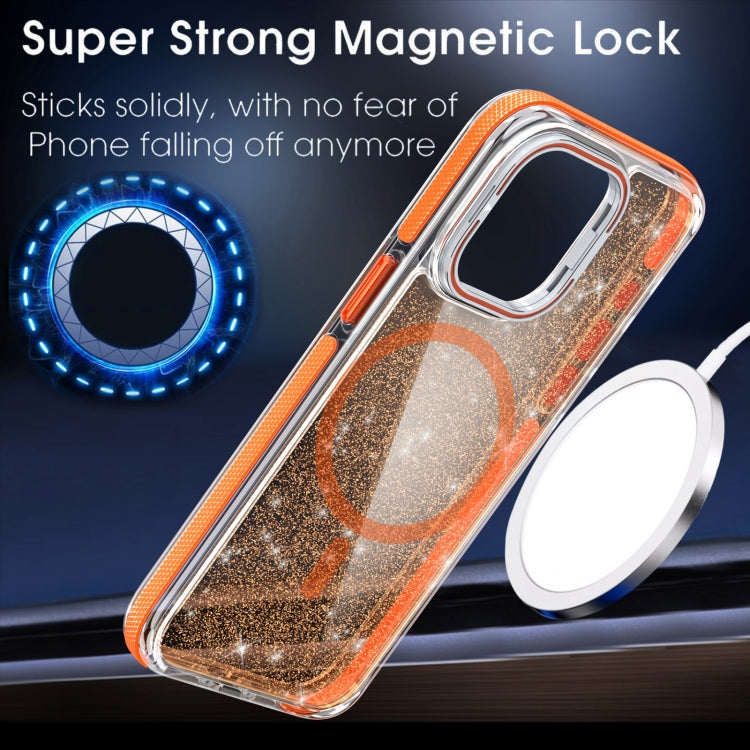 For iPhone 14 Pro Max Two-color Glitter Powder Lens Holder Magsafe Phone Case(Orange) - iPhone 14 Pro Max Cases by buy2fix | Online Shopping UK | buy2fix