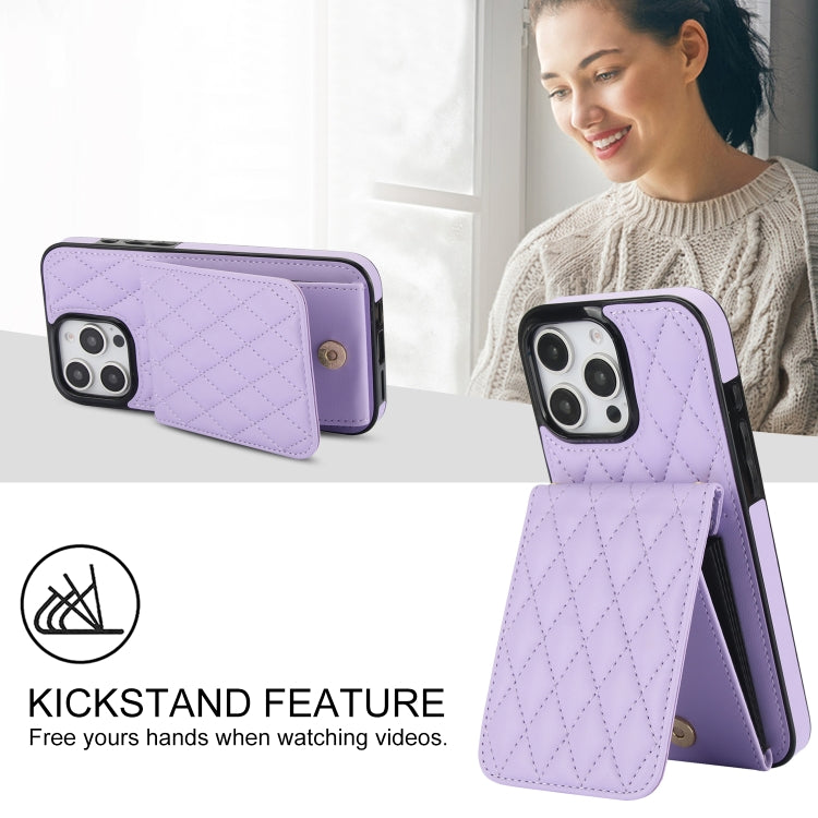 For iPhone 16 Pro YM015 Crossbody Rhombic Card Bag RFID Phone Case(Light Purple) - iPhone 16 Pro Cases by buy2fix | Online Shopping UK | buy2fix