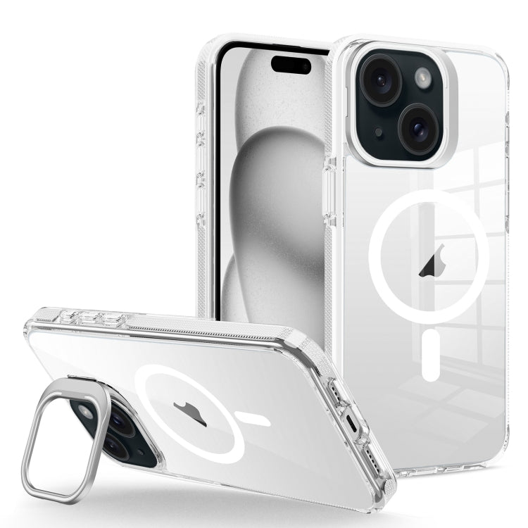 For iPhone 15 Plus J2 High Transparent MagSafe Magnetic Frame Holder Phone Case(White) - iPhone 15 Plus Cases by buy2fix | Online Shopping UK | buy2fix