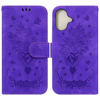 For iPhone 16 Plus Butterfly Rose Embossed Leather Phone Case(Purple) - iPhone 16 Plus Cases by buy2fix | Online Shopping UK | buy2fix