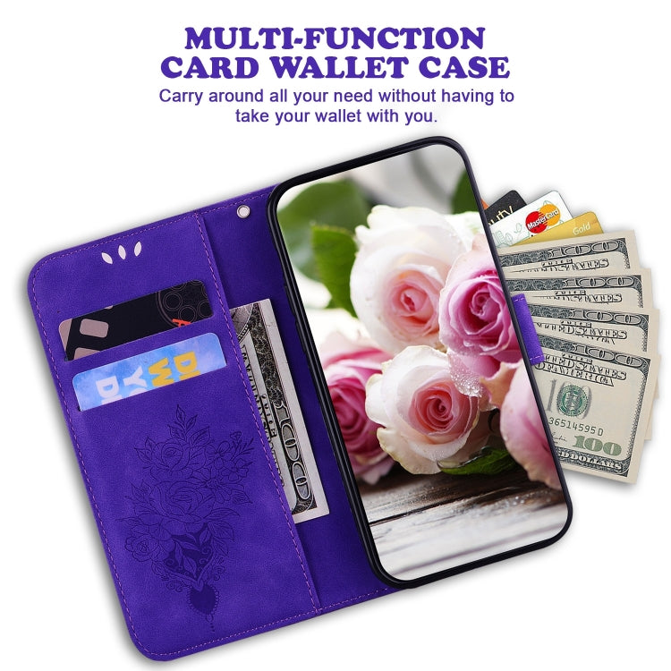 For iPhone 16 Plus Butterfly Rose Embossed Leather Phone Case(Purple) - iPhone 16 Plus Cases by buy2fix | Online Shopping UK | buy2fix