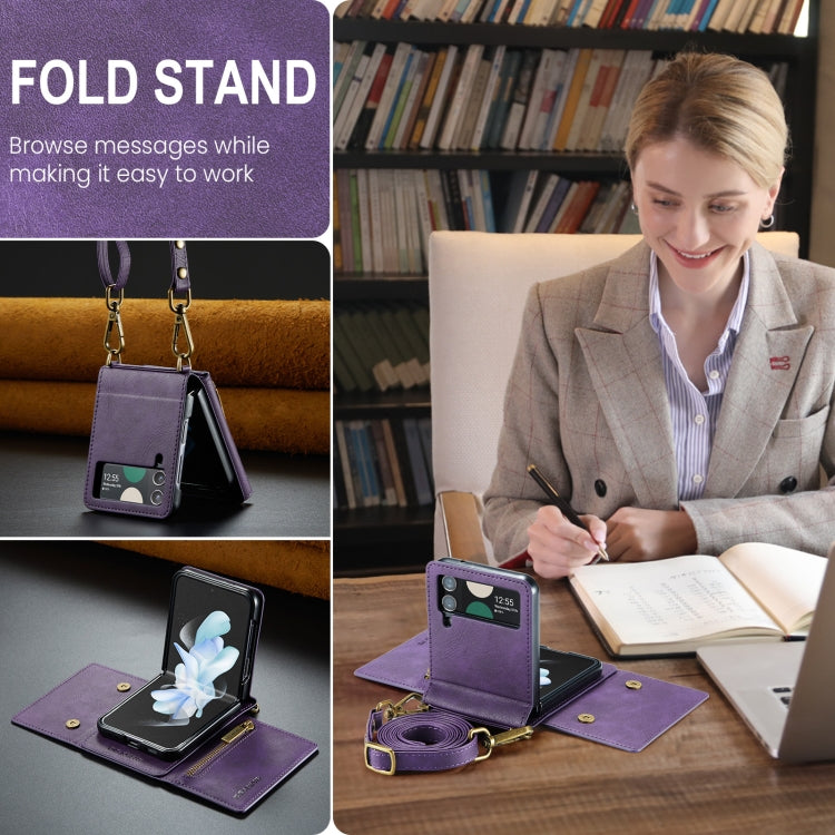 For Samsung Galaxy Z Flip4 5G DG.MING M5 Series Zip RFID Multi Card Detachable Leather Phone Case with Long Lanyard(Purple) - Galaxy Z Flip4 5G Cases by DG.MING | Online Shopping UK | buy2fix