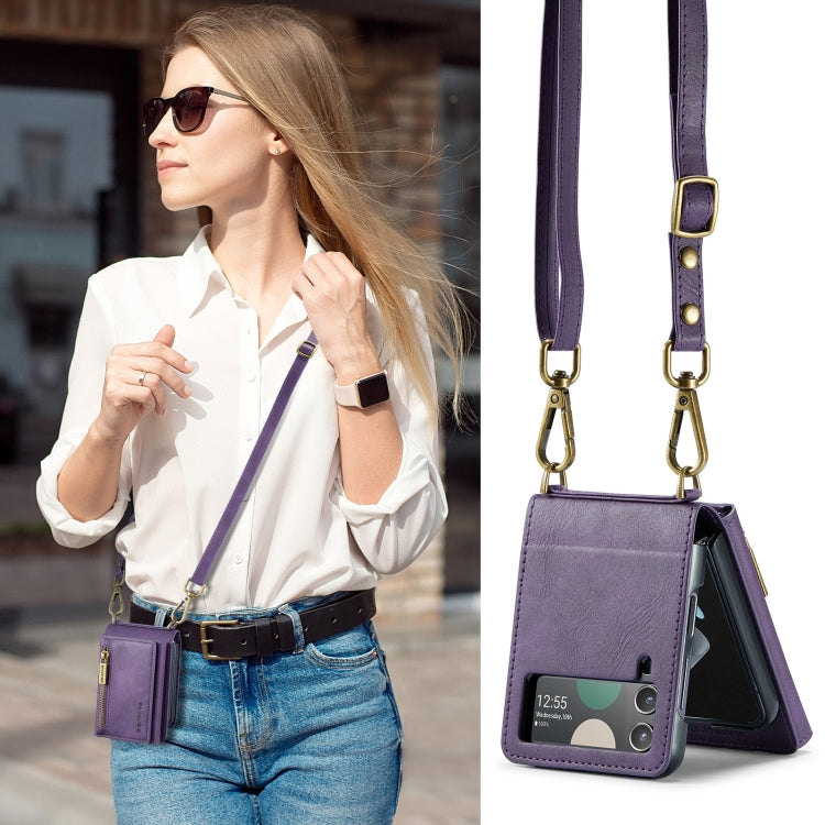 For Samsung Galaxy Z Flip4 5G DG.MING M5 Series Zip RFID Multi Card Detachable Leather Phone Case with Long Lanyard(Purple) - Galaxy Z Flip4 5G Cases by DG.MING | Online Shopping UK | buy2fix