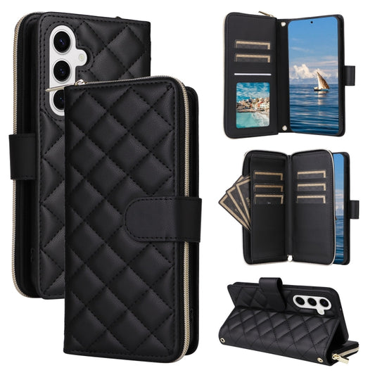 For Samsung Galaxy S25 5G Crossbody Rhombic Zipper Tower Buckle Leather Phone Case with Lanyard(Black) - Galaxy S25 5G Cases by buy2fix | Online Shopping UK | buy2fix