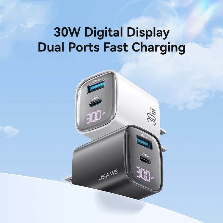 USAMS CC230 30W USB+USB-C / Type-C Dual Port GaN Digital Display Charger, Specifications: US Plug(Black) - USB Charger by USAMS | Online Shopping UK | buy2fix