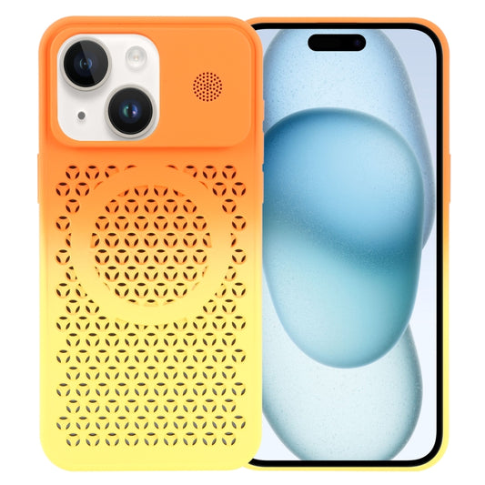 For iPhone 15 Plus Gradient Color Honeycomb Aromatherapy MagSafe Phone Case(Orange Yellow) - iPhone 15 Plus Cases by buy2fix | Online Shopping UK | buy2fix