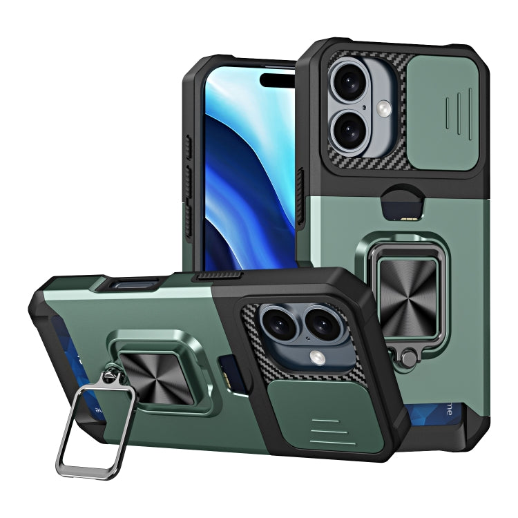 For iPhone 16 Camera Shield Card Slot PC+TPU Phone Case(Dark Green) - iPhone 16 Cases by buy2fix | Online Shopping UK | buy2fix