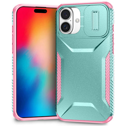 For iPhone 16 Plus Sliding Camshield Phone Case(Grey Green + Pink) - iPhone 16 Plus Cases by buy2fix | Online Shopping UK | buy2fix