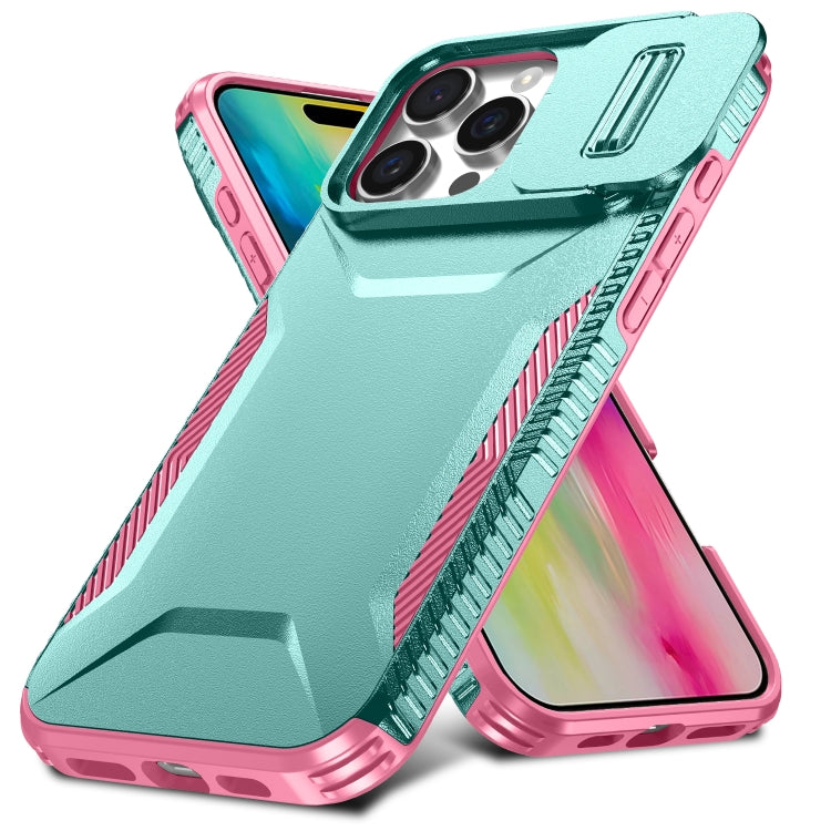 For iPhone 16 Pro Sliding Camshield Phone Case(Grey Green + Pink) - iPhone 16 Pro Cases by buy2fix | Online Shopping UK | buy2fix