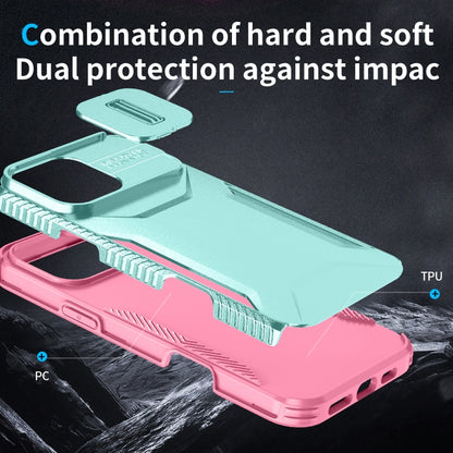 For iPhone 16 Pro Sliding Camshield Phone Case(Grey Green + Pink) - iPhone 16 Pro Cases by buy2fix | Online Shopping UK | buy2fix