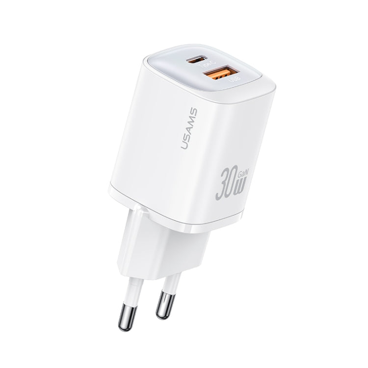 USAMS CC254 30W USB+USB-C / Type-C Dual Port GaN Fast Charger, EU Plug(White) - USB Charger by USAMS | Online Shopping UK | buy2fix