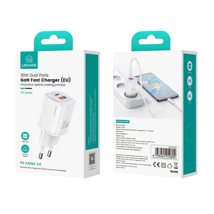 USAMS CC254 30W USB+USB-C / Type-C Dual Port GaN Fast Charger, EU Plug(White) - USB Charger by USAMS | Online Shopping UK | buy2fix