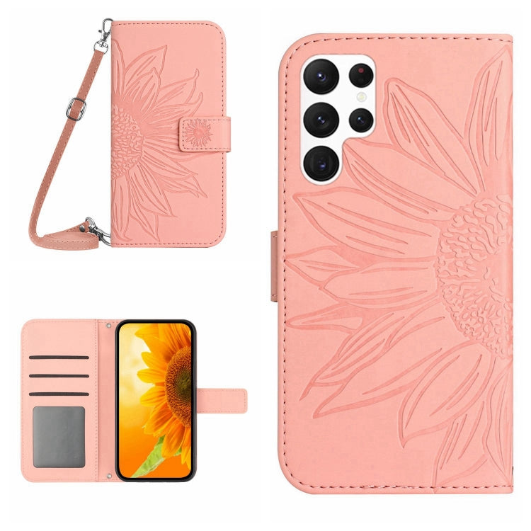 For Samsung Galaxy S25 Ultra 5G Skin Feel Sun Flower Embossed Flip Leather Phone Case with Lanyard(Pink) - Galaxy S25 Ultra 5G Cases by buy2fix | Online Shopping UK | buy2fix