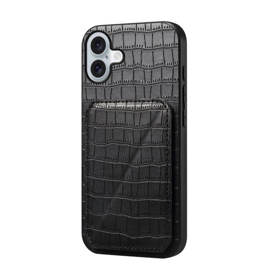 For iPhone 16 Plus Imitation Crocodile Leather Back Phone Case with Holder(Black) - iPhone 16 Plus Cases by buy2fix | Online Shopping UK | buy2fix