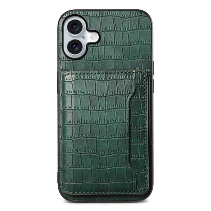 For iPhone 16 Plus Crocodile Texture Card Bag Design Full Coverage Phone Case(Green) - iPhone 16 Plus Cases by buy2fix | Online Shopping UK | buy2fix