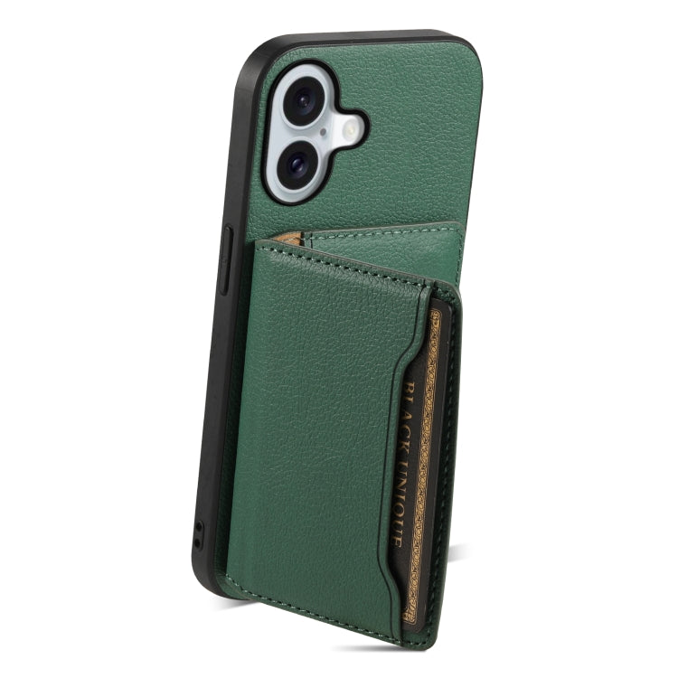 For iPhone 16 Plus Calf Texture Card Bag Design Full Coverage Phone Case(Green) - iPhone 16 Plus Cases by buy2fix | Online Shopping UK | buy2fix