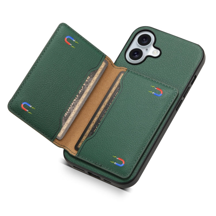 For iPhone 16 Plus Calf Texture Card Bag Design Full Coverage Phone Case(Green) - iPhone 16 Plus Cases by buy2fix | Online Shopping UK | buy2fix