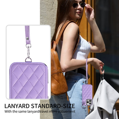 For iPhone 16 Pro Rhombic Texture Card Bag Phone Case with Short Lanyard(Purple) - iPhone 16 Pro Cases by buy2fix | Online Shopping UK | buy2fix