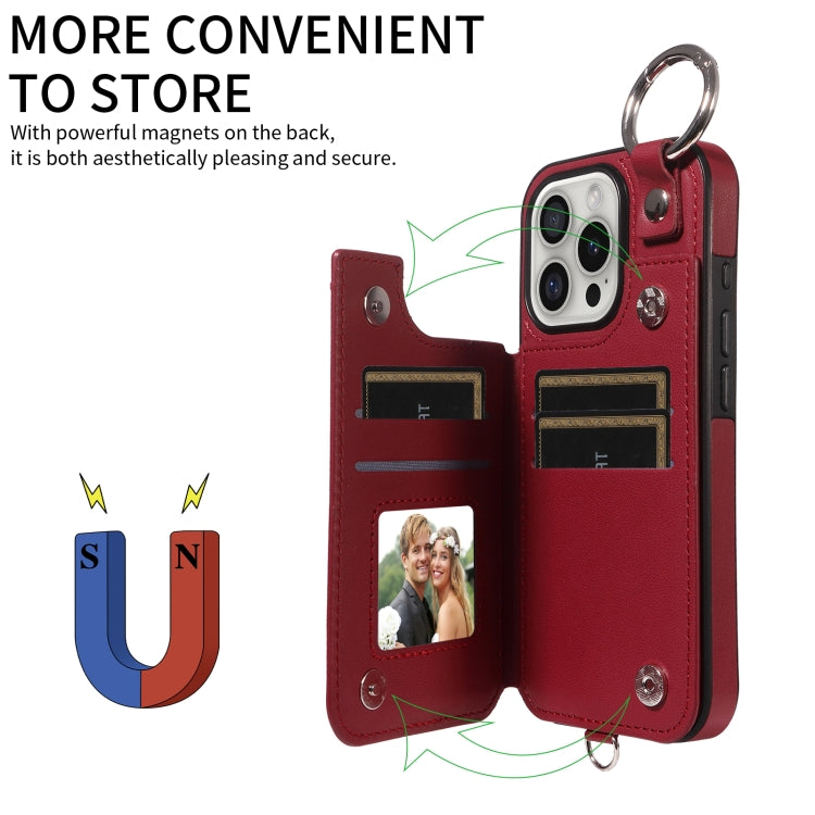 For iPhone 16 Pro Rhombic Texture Card Bag Phone Case with Short Lanyard(Wine Red) - iPhone 16 Pro Cases by buy2fix | Online Shopping UK | buy2fix